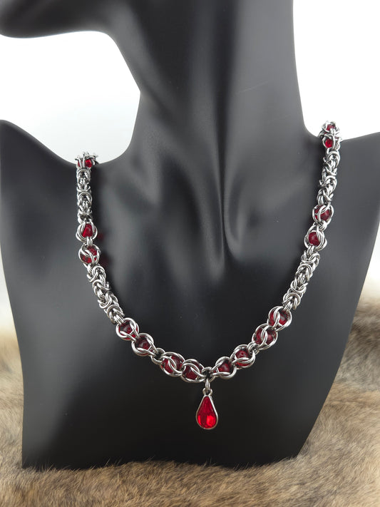 22" Stainless Steel Byzantine Chainmail Necklace with Captured Red Beads