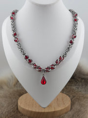22" Stainless Steel Byzantine Chainmail Necklace with Captured Red Beads
