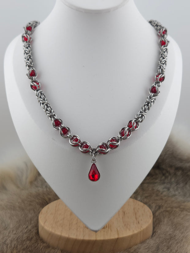 22" Stainless Steel Byzantine Chainmail Necklace with Captured Red Beads