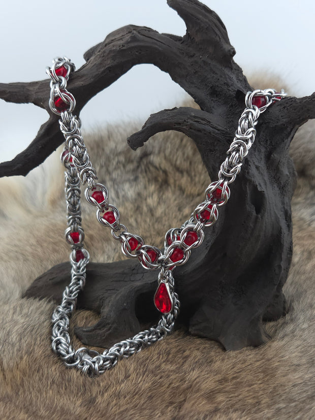 22" Stainless Steel Byzantine Chainmail Necklace with Captured Red Beads