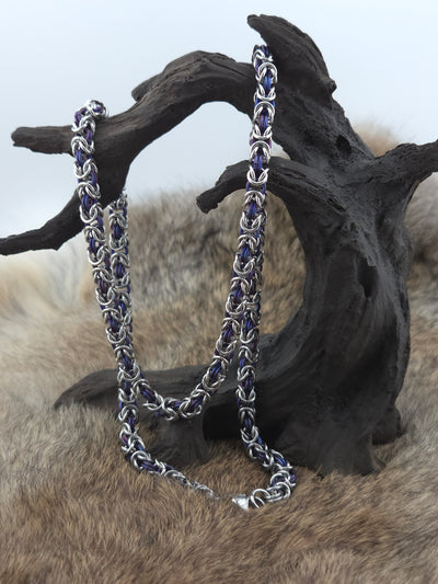 22" Slender Stainless Steel and Dark Purple Byzantine Chainmail Necklace