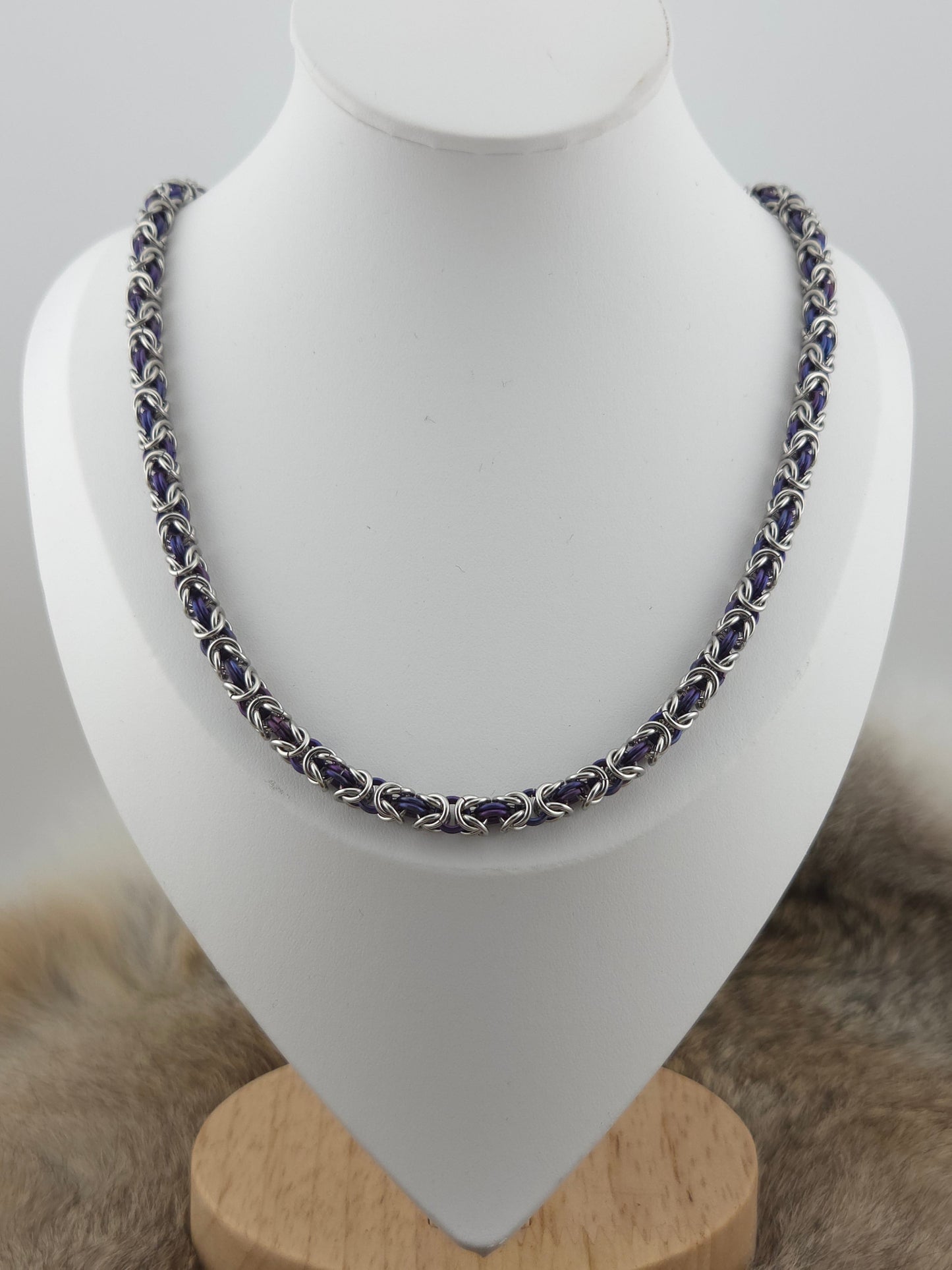 22" Slender Stainless Steel and Dark Purple Byzantine Chainmail Necklace Foxweave Studios