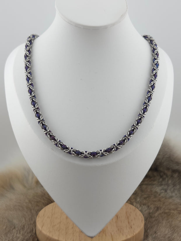 22" Slender Stainless Steel and Dark Purple Byzantine Chainmail Necklace