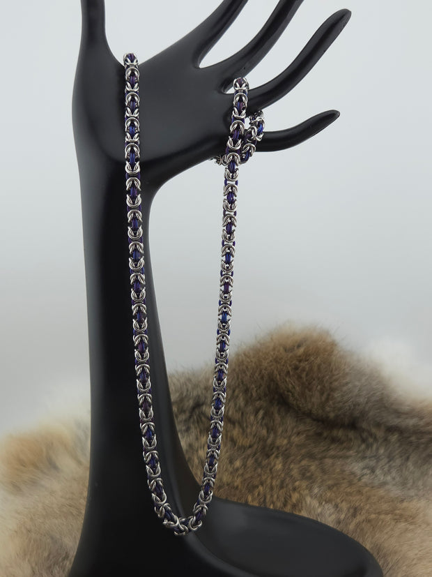 22" Slender Stainless Steel and Dark Purple Byzantine Chainmail Necklace