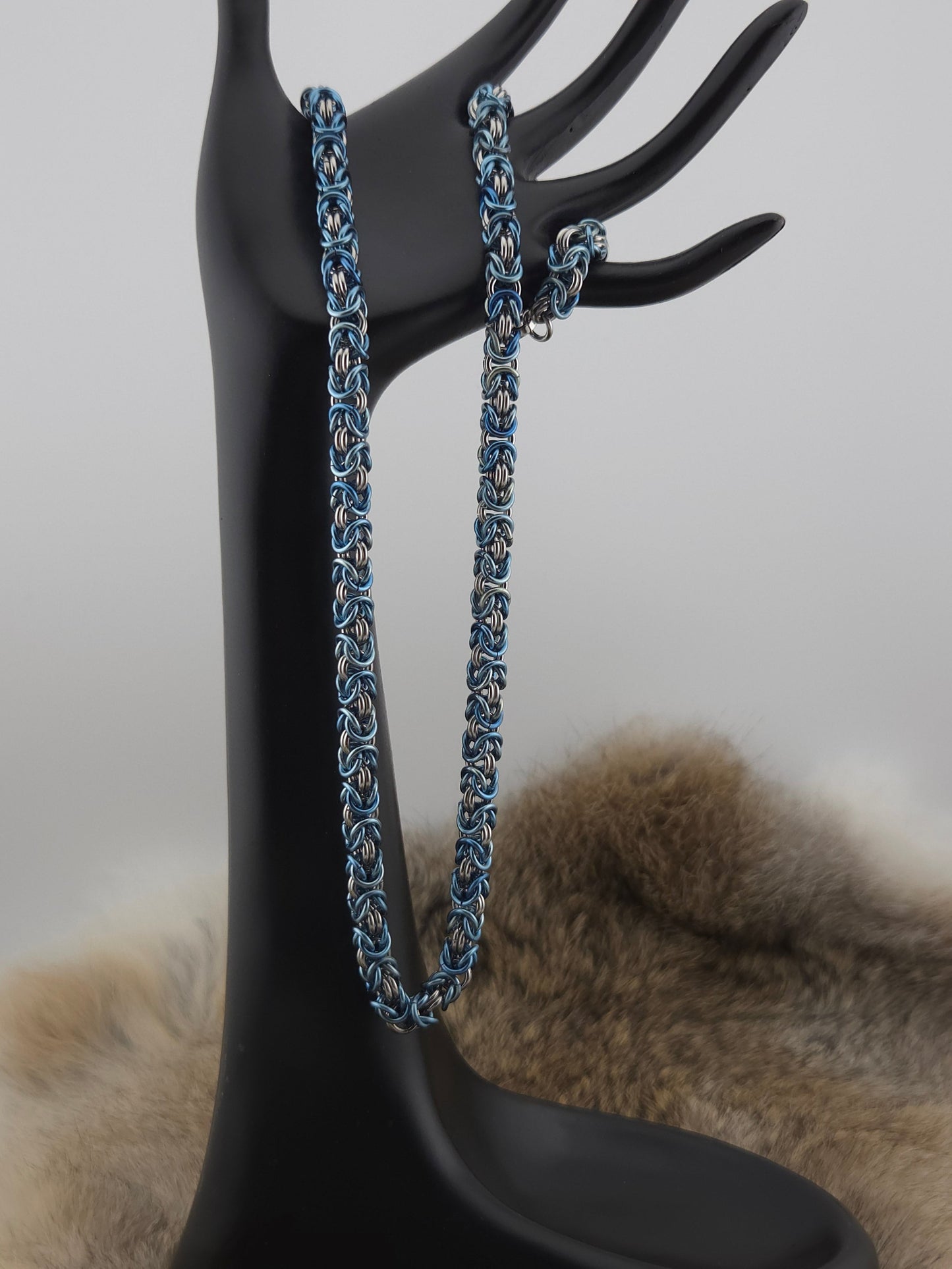 22" Mottled Blue Titanium and Stainless Steel Byzantine Necklace Foxweave Studios