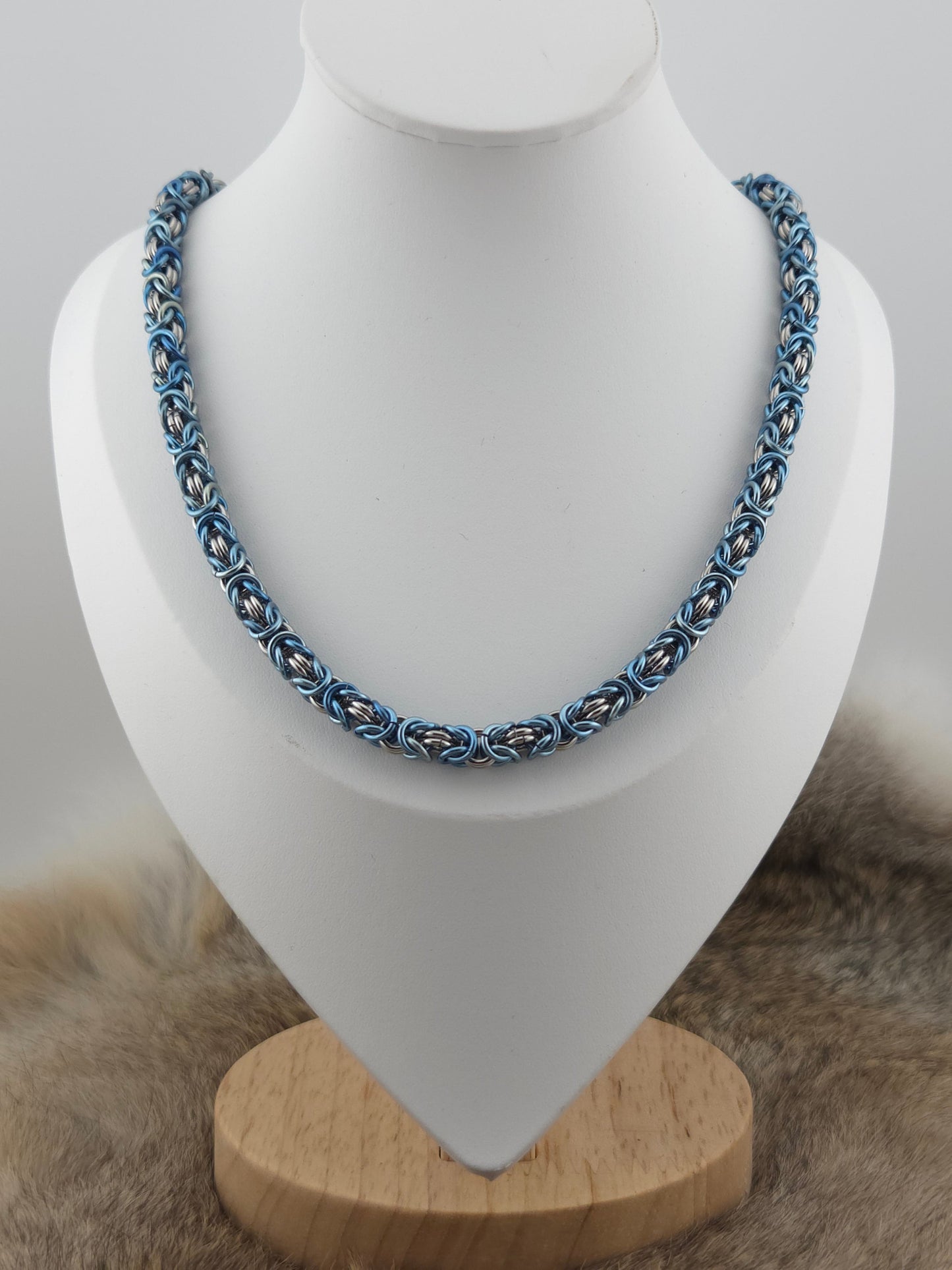 22" Mottled Blue Titanium and Stainless Steel Byzantine Necklace Foxweave Studios