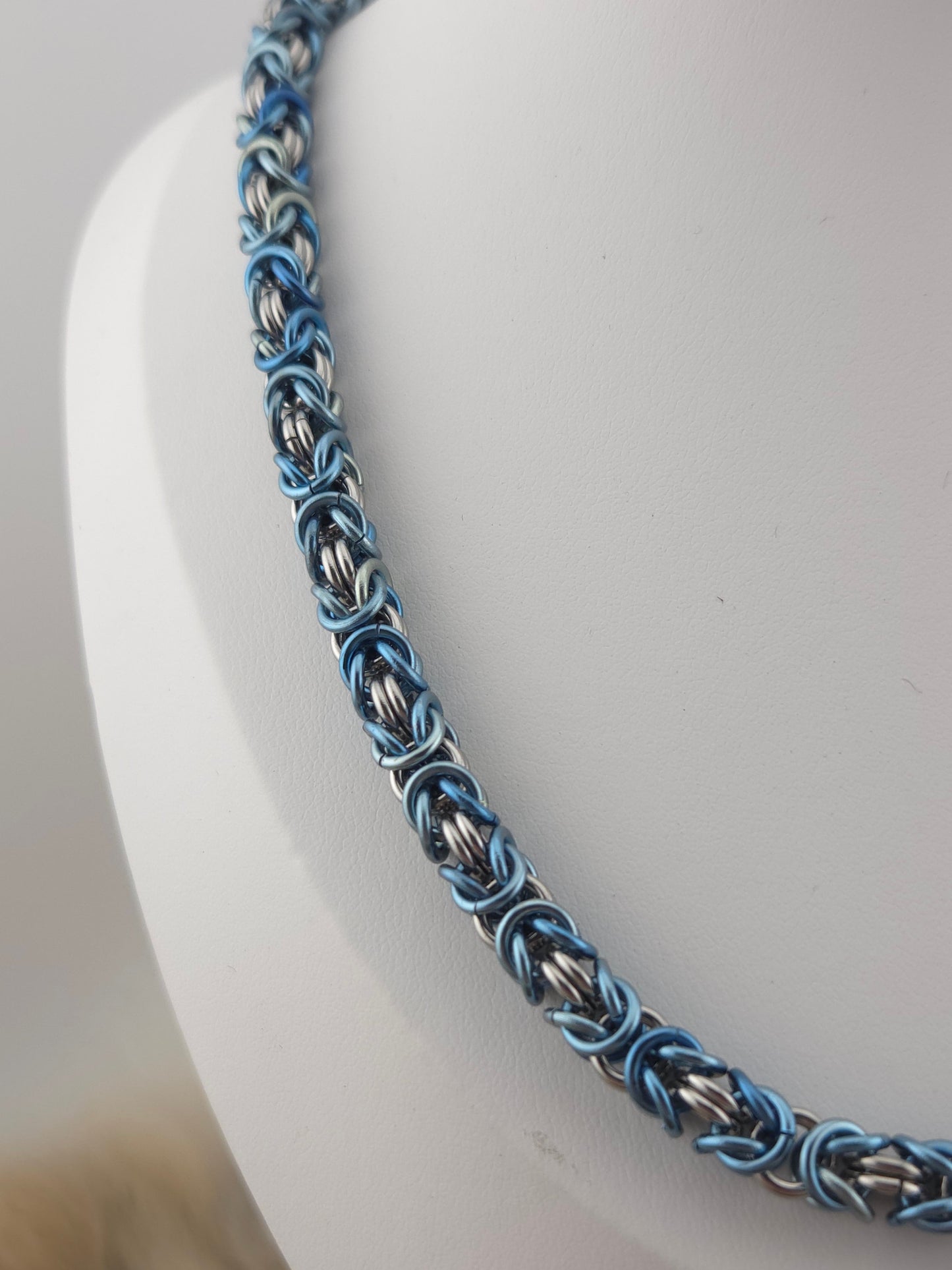 22" Mottled Blue Titanium and Stainless Steel Byzantine Necklace Foxweave Studios