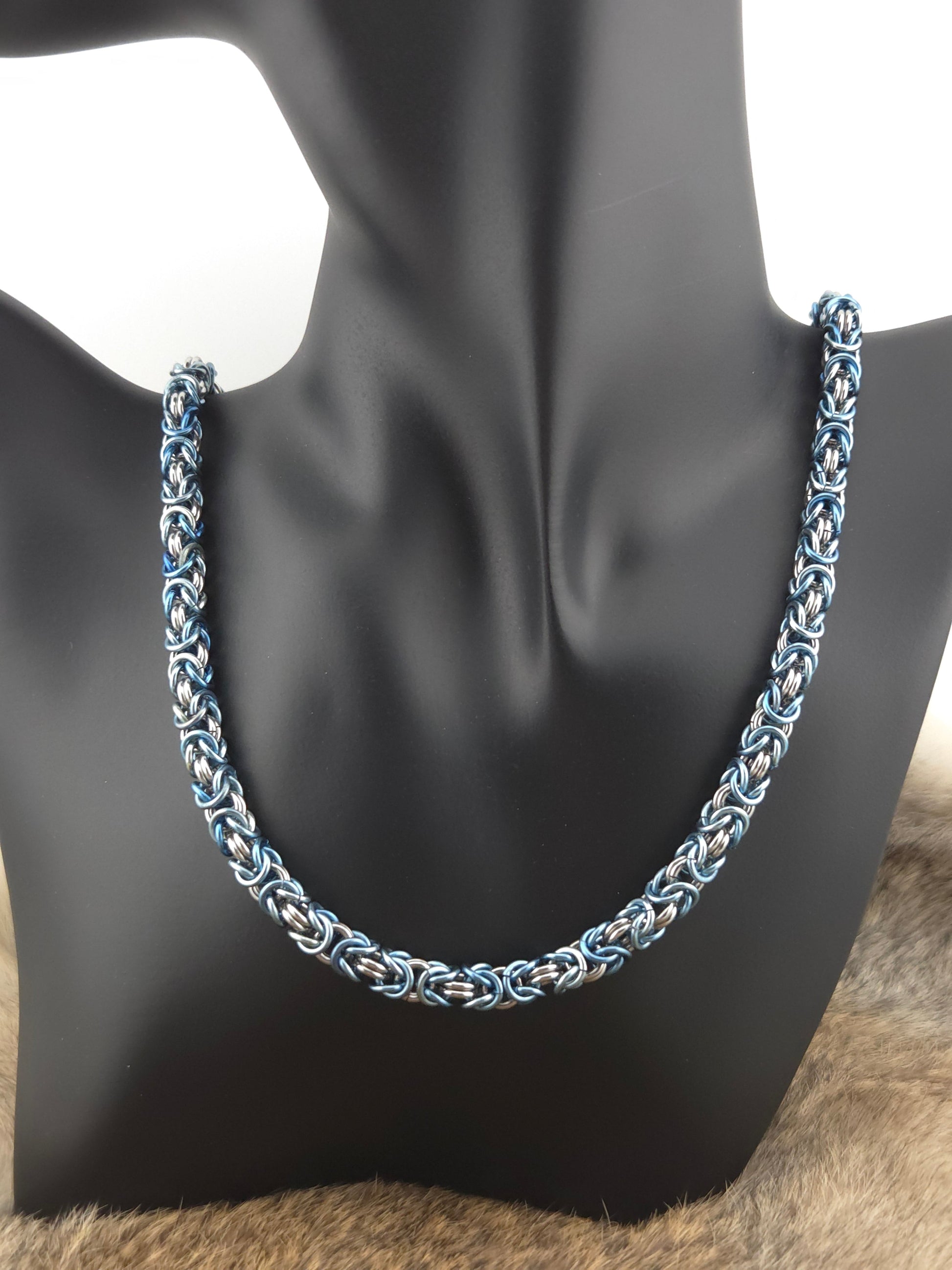 22" Mottled Blue Titanium and Stainless Steel Byzantine Necklace Foxweave Studios
