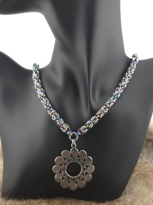 Spirals Pendant on a 22" Stainless Steel and Rainbow Niobium Byzantine Chainmail Necklace