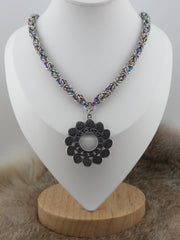 Spirals Pendant on a 22" Stainless Steel and Rainbow Niobium Byzantine Chainmail Necklace
