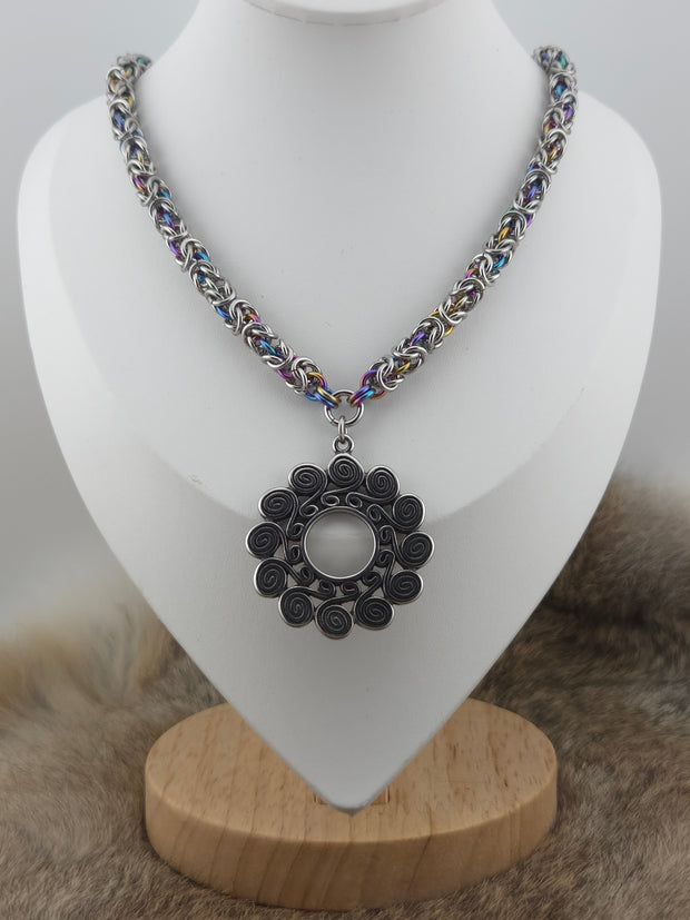 Spirals Pendant on a 22" Stainless Steel and Rainbow Niobium Byzantine Chainmail Necklace