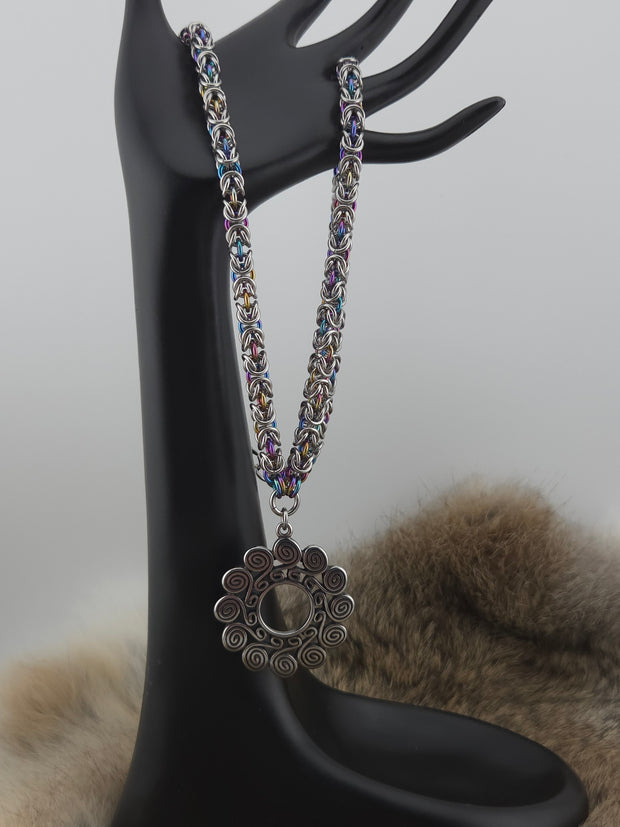 Spirals Pendant on a 22" Stainless Steel and Rainbow Niobium Byzantine Chainmail Necklace