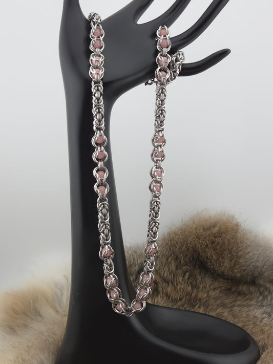 22" Stainless Steel Byzantine Chainmail Necklace with Captured Pink Beads (Blue Glow)