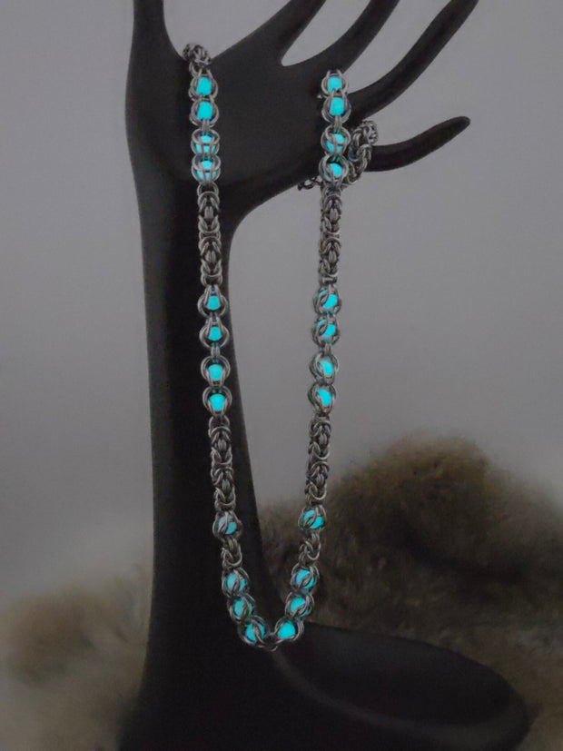 22" Stainless Steel Byzantine Chainmail Necklace with Captured Pink Beads (Blue Glow)