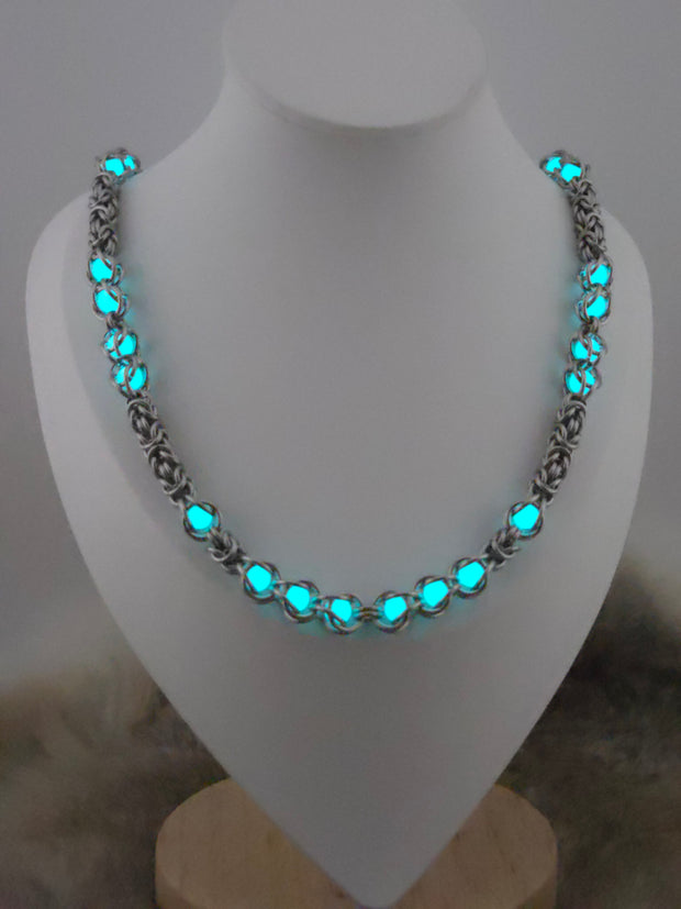 22" Stainless Steel Byzantine Chainmail Necklace with Captured Pink Beads (Blue Glow)