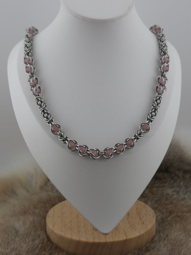 22" Stainless Steel Byzantine Chainmail Necklace with Captured Pink Beads (Blue Glow)