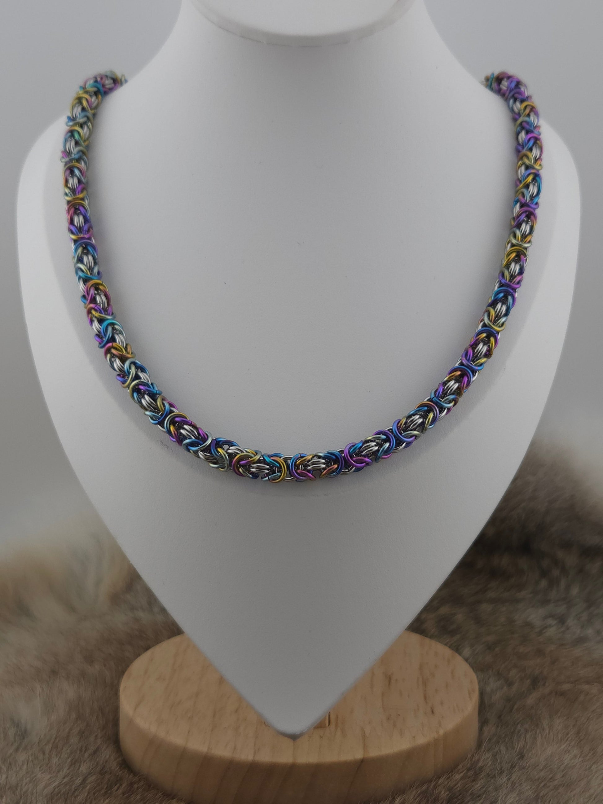 22" Rainbow Titanium and Stainless Steel Byzantine Chainmail Necklace Foxweave Studios