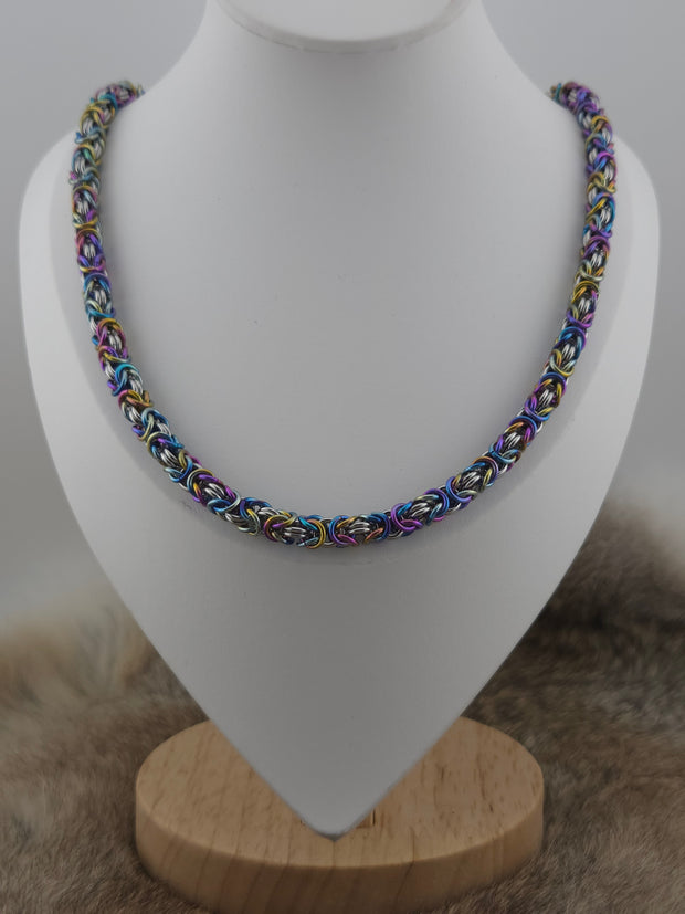 22" Rainbow Titanium and Stainless Steel Byzantine Chainmail Necklace