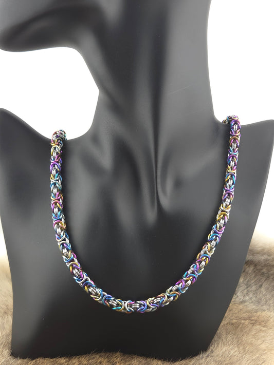 22" Rainbow Titanium and Stainless Steel Byzantine Chainmail Necklace Foxweave Studios