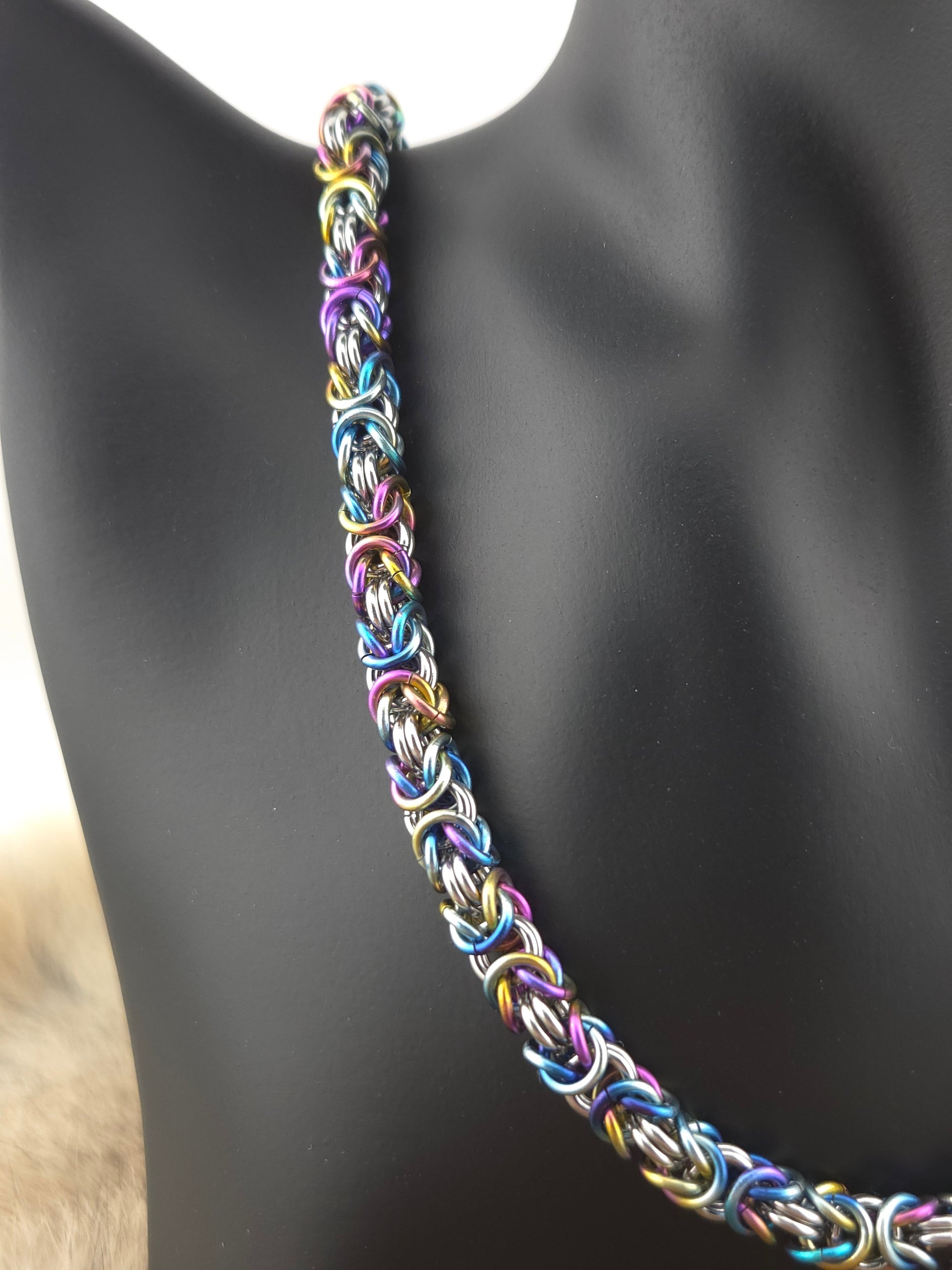22" Rainbow Titanium and Stainless Steel Byzantine Chainmail Necklace Foxweave Studios