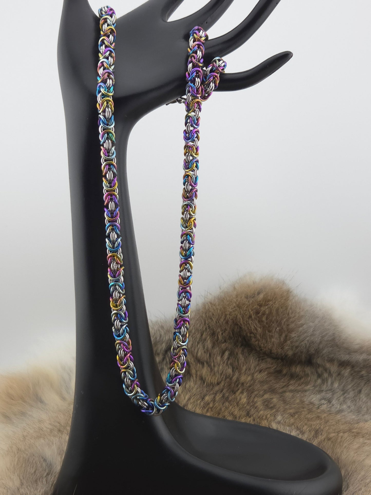 22" Rainbow Titanium and Stainless Steel Byzantine Chainmail Necklace Foxweave Studios