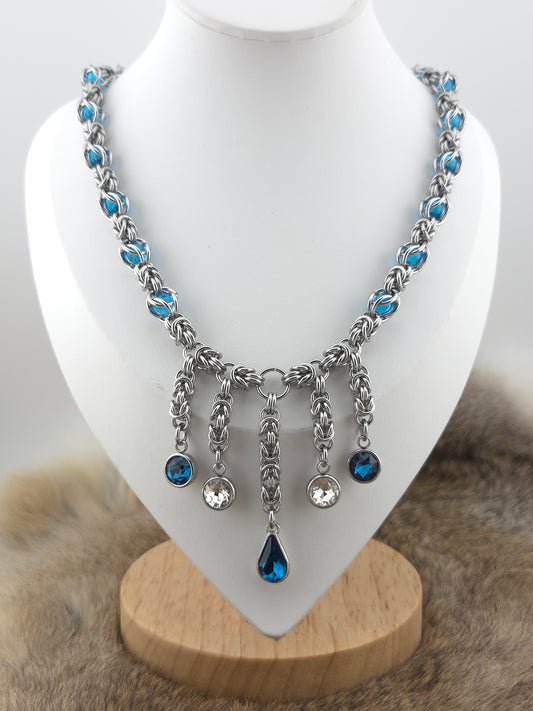 Winter Waterfalls - 22" Stainless Steel Captured Aqua Beads Chain with Cut Glass Drops Set in Stainless Steel