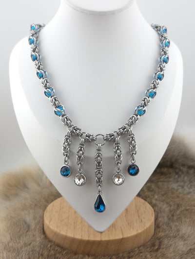 Stainless Steel Chainmail Necklace – Aqua Beads & Cut Glass Drops 22