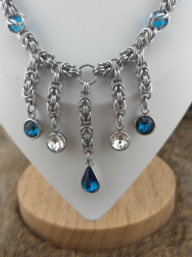 Stainless Steel Chainmail Necklace – Aqua Beads & Cut Glass Drops 22