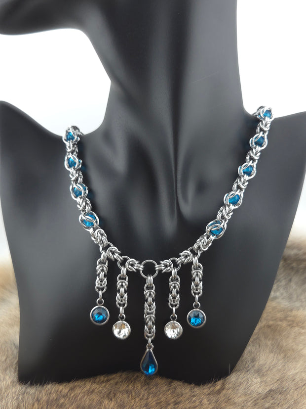 Stainless Steel Chainmail Necklace – Aqua Beads & Cut Glass Drops 22
