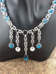 Stainless Steel Chainmail Necklace – Aqua Beads & Cut Glass Drops 22