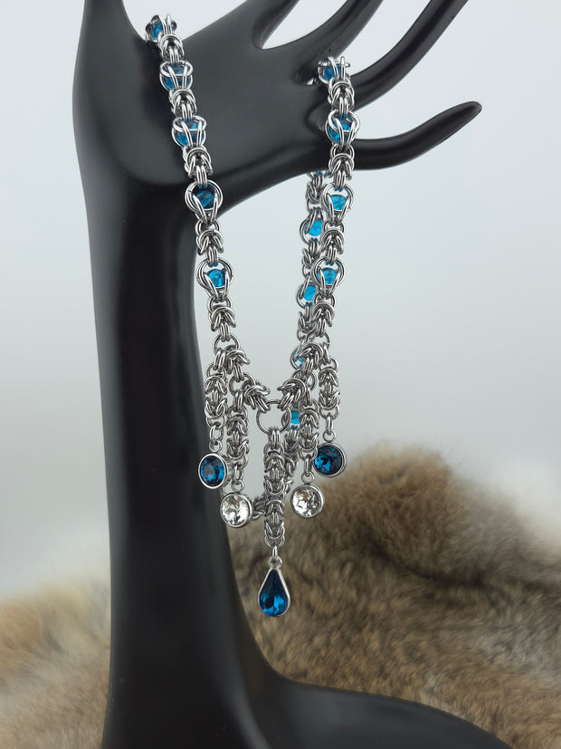 Stainless Steel Chainmail Necklace – Aqua Beads & Cut Glass Drops 22