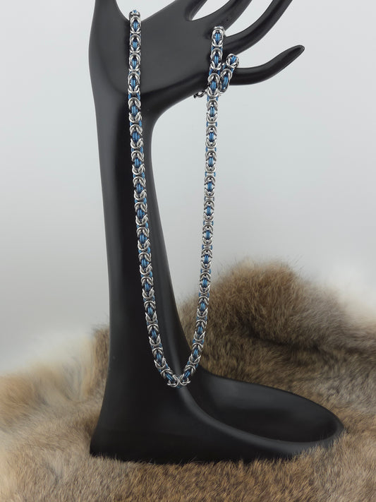 22" Slender Stainless Steel and Blue Titanium Chainmail Necklace