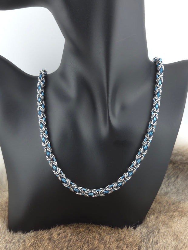 Slender Stainless Steel & Blue Titanium Chainmail Necklace