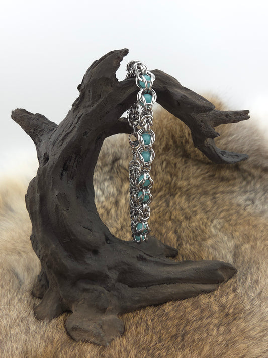 8" Stainless Steel Byzantine Chainmail Bracelet with Captured Teal Glow Beads