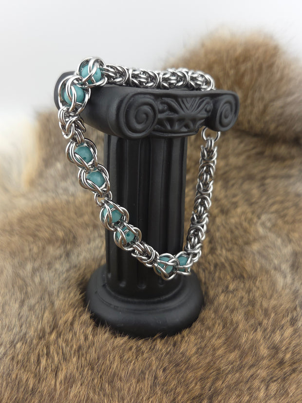 Stainless Steel Byzantine Bracelet – Teal Glow Beads