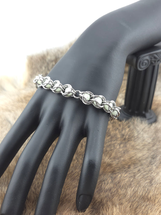 8" Stainless Steel Byzantine Chainmail Bracelet with Captured Yellow Beads (Green Glow)