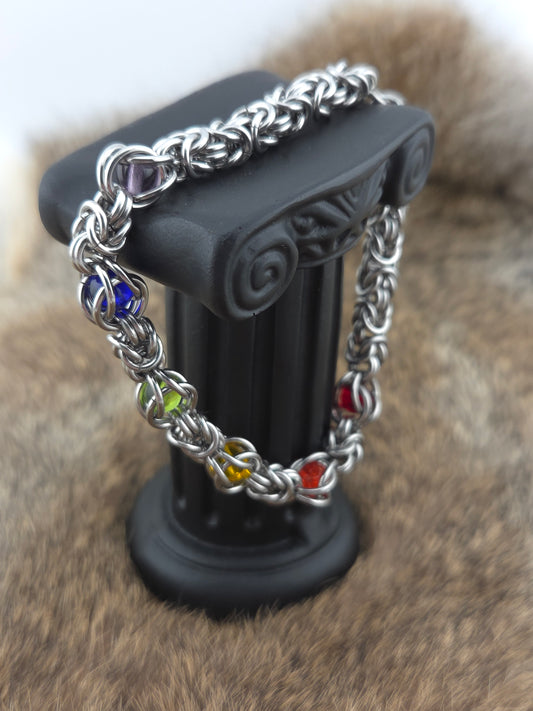 8" Stainless Steel Byzantine Bracelet with a Rainbow of Captured Beads