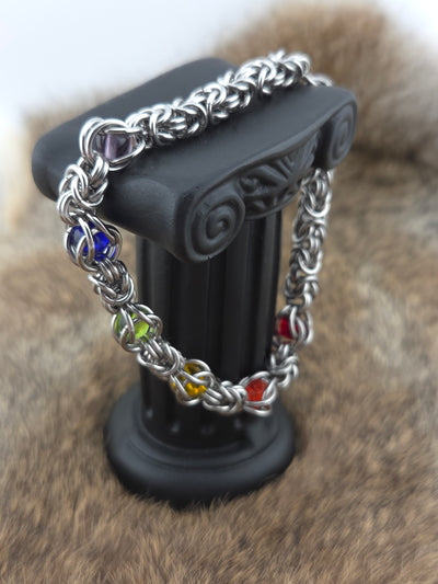 Stainless Steel Byzantine Bracelet – Rainbow Captured Beads