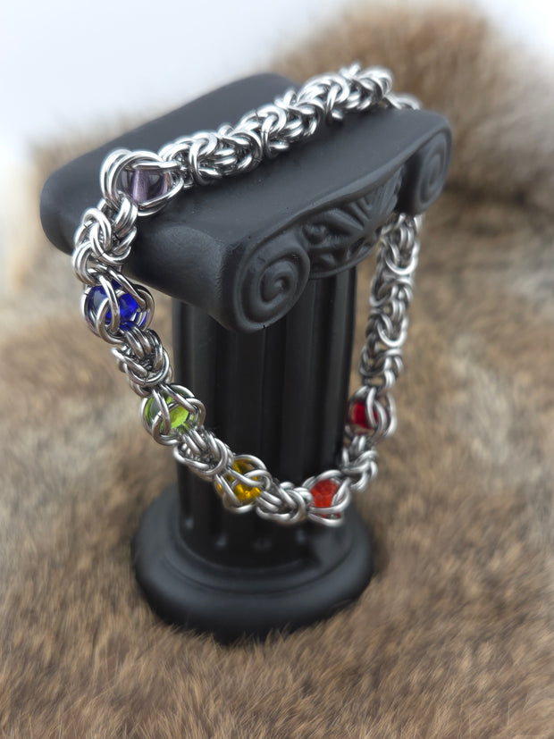 Stainless Steel Byzantine Bracelet – Rainbow Captured Beads