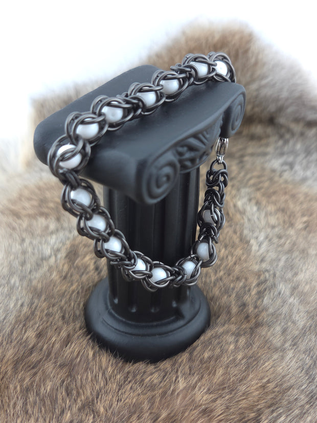 Black Glass Titanium Bracelet with White Beads – Durable & Stylish