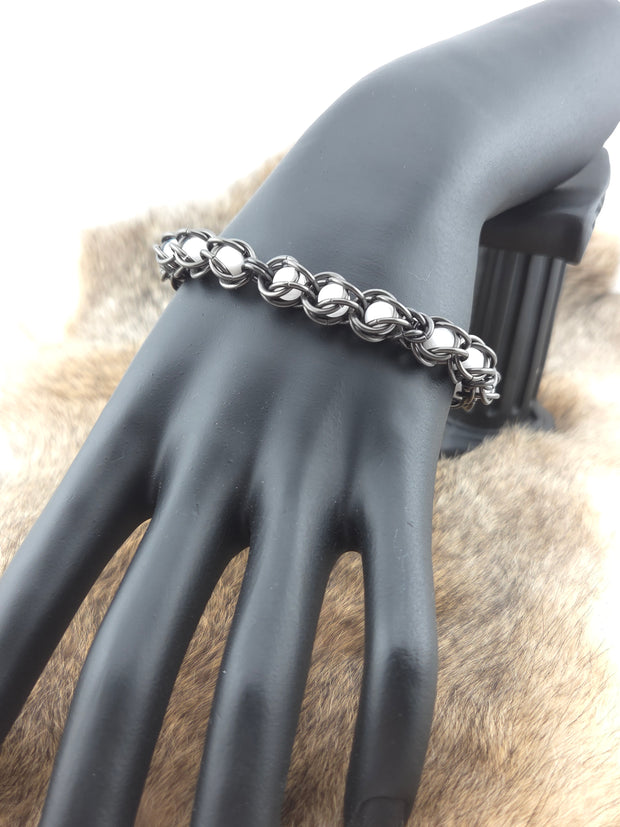 Black Glass Titanium Bracelet with White Beads – Durable & Stylish