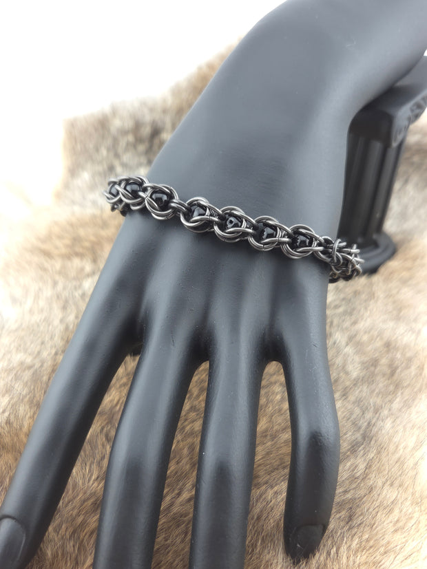 8" Black Glass Titanium and Black Bead Bracelet