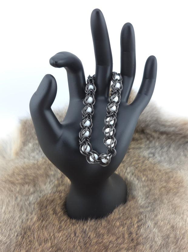 Black Glass Titanium Bracelet with White Beads – Durable & Stylish