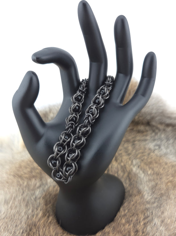 8" Black Glass Titanium and Black Bead Bracelet