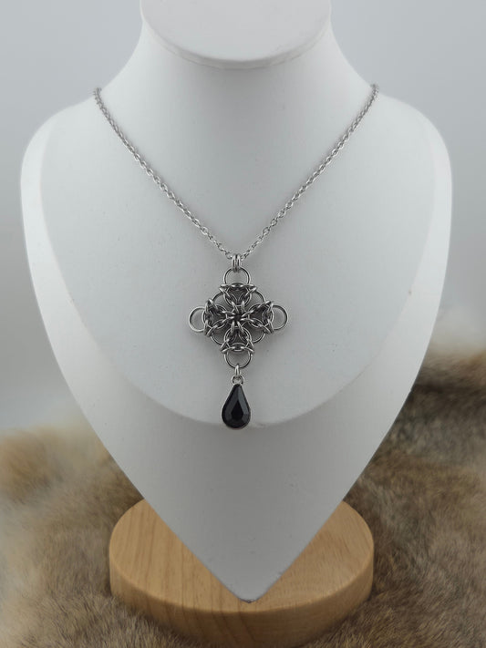 Stainless Steel Aura Weave Pendant with a Black Glass Teardrop on a 24" Stainless Steel Chain Foxweave Studios