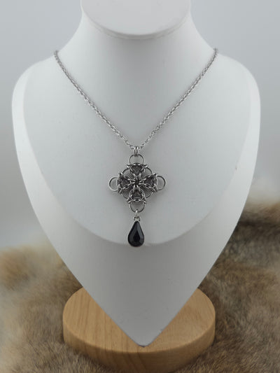 Stainless Steel Aura Weave Pendant with a Black Glass Teardrop on a 24" Stainless Steel Chain