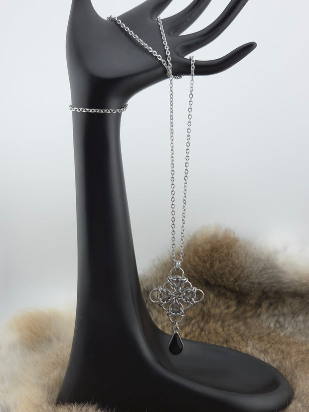 Stainless Steel Aura Weave Pendant with a Black Glass Teardrop on a 24" Stainless Steel Chain