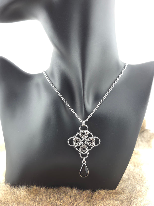 Stainless Steel Aura Weave Pendant with a Black Glass Teardrop on a 24" Stainless Steel Chain