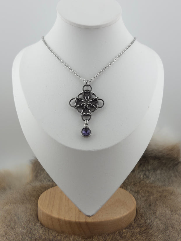 Black Glass and Stainless Steel Aura Weave Pendant with a Purple Glass Drop on a 24" Stainless Steel Chain