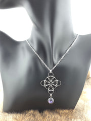 Black Glass and Stainless Steel Aura Weave Pendant with a Purple Glass Drop on a 24" Stainless Steel Chain